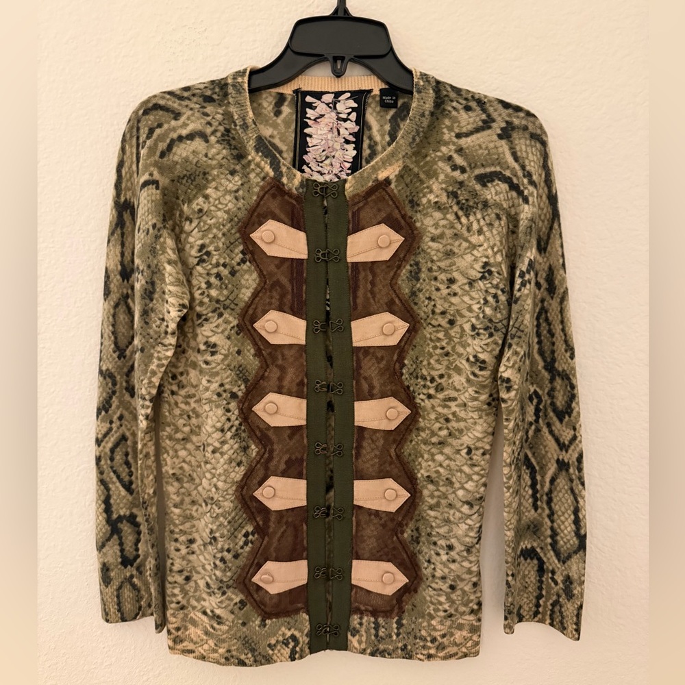 Rare L.A.M.B Gwen Stefani Reptile Snakeskin Green Cashmere Cardigan Size S